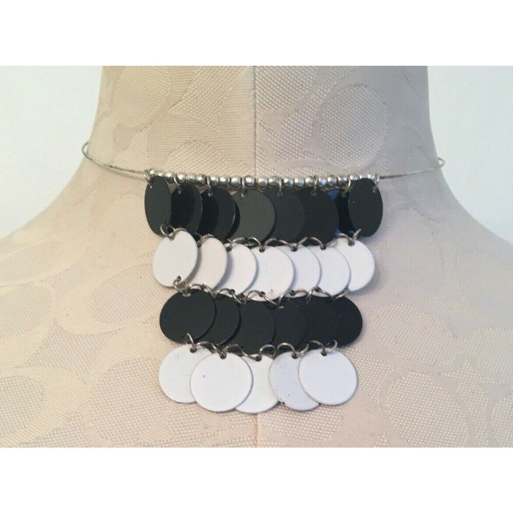 Vintage 1980s Open Back Choker Collar Necklace White Black Circles Silvertone